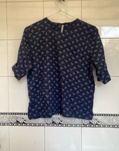 Navy Blue Printed Casual Top