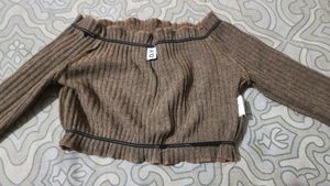 Brown Ribbed Off-Shoulder Crop Top