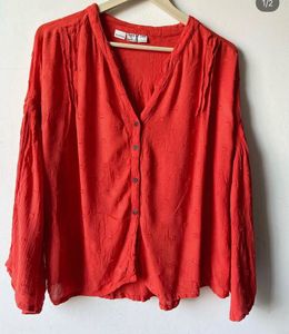 Vibrant Orange Textured Button-Up Blouse