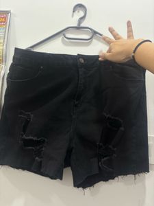Distressed Black Denim Shorts