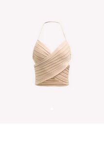 Cream Ribbed Halter Neck Crop Top