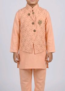 Boys Peach Kurta Set with Nehru Jacket