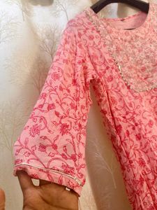 Pink Floral Kurta with Embellished Neckline