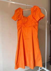Chic Orange Puff Sleeve Midi Dress