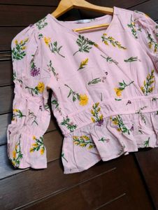 Only Brand Women Pink Floral Elastic Peplum Top