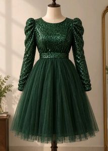 Emerald Green Sequin Puff Sleeve Dress