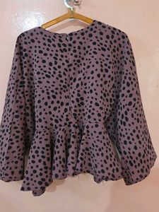 Mauve Black Printed Peplum Ruffle Top