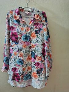 Floral Print Button-Up Shirt with Scarf