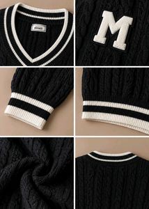 BLACK CABLE-KNIT VARSITY V-NECK SWEATER