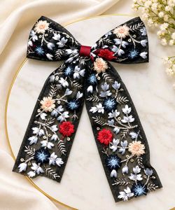 Embroidered Floral Bow Hair Clip