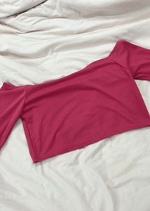 Pink Imported One Shoulder Long Sleeve Crop Top