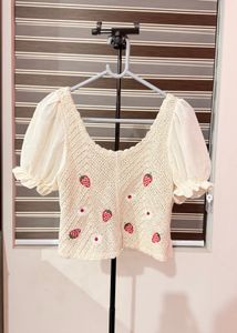 Strawberry Crochet Puff Sleeve Top