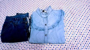 Stylish Denim Ruffled Button-Up Top jeans