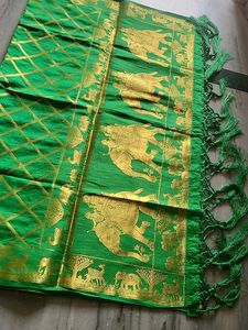 Vibrant Green Silk Dupatta with Golden Border