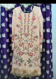 Embroidered Peach Pakistani Kurti with Dupatta