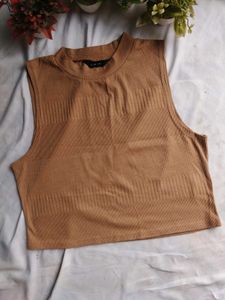 Tan Ribbed Sleeveless Mock Neck Top