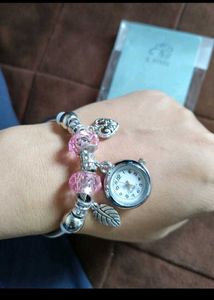 Charm Bracelet Watch with Pink Beads