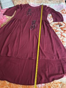 Burgundy High Low Embroidered Kurta/ Dress