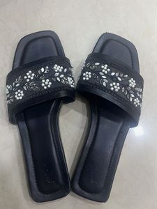 Embellished Black Flat Sandals