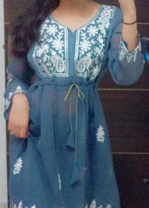 Chikankari short kurti grey