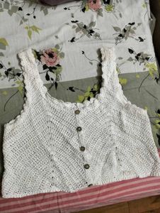 ⚡White Crochet Button-Up Crop Top