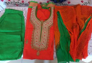 Orange Kurta Set with Green Pants & Dupatta