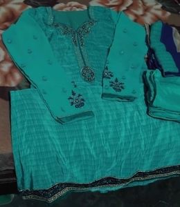 Teal Embroidered shiffon Kurta Set
