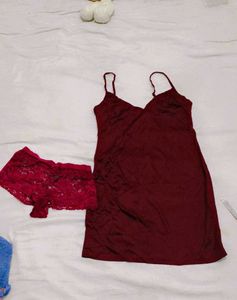 Burgundy Satin Nightgown & Lace Panty Set