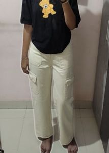 Beige Wide Leg Cargo Pants
