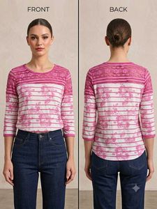 Pink Floral Stripe Lace Trim Top