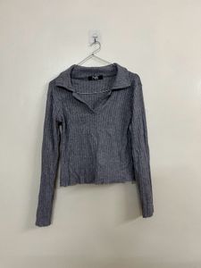 Grey Ribbed Collared Long Sleeve Top