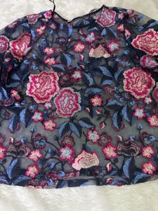 Zara Sheer Floral Embroidered Bell Sleeve Top