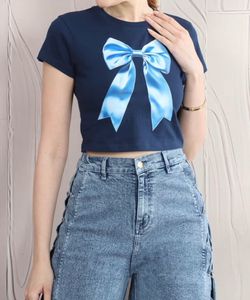 Cute Navy Blue Bow Crop Top