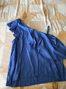 Blue One-Shoulder Ruffle Top