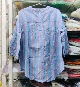 Casual Blue Striped V-Neck Top