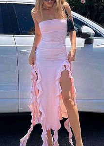 Pink Ruffle Trim Bodycon Tube Dress