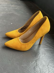 Mustard Suede Heels with Unique Heel Detail