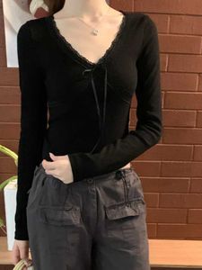 Black Lace Trim Tie-Front Top