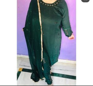 Green Kurta Set With Embroidery Pant And Dupatta.