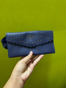 Navy Blue Studded Wallet with Pom