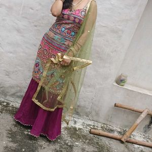 Embroidered Kurta with Palazzo and Dupatta
