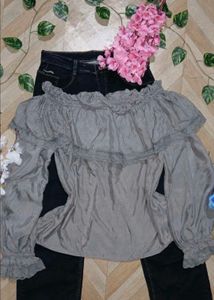 Y2K Off-Shoulder Grey Ruffle Top🎀