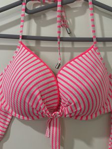 Chic Pink &amp; White Striped Tie-Front Halter Bikini