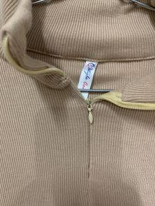 Beige Ribbed Zip Neck Top