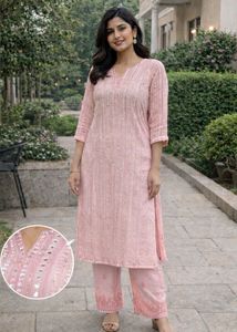 Pink Chikankari Kurta Set with Mirror Work