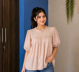 Beige Textured Kurta with Crochet Neckline