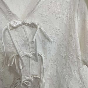 White Textured V-Neck Tie-Up Top