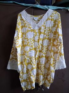 Yellow Floral Kurta with White Lace Detail