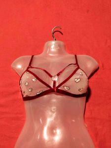Red Heart Print Strappy Bra