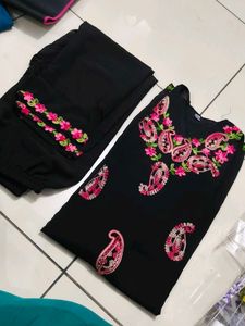 Black Kurta Set with Pink Embroidery